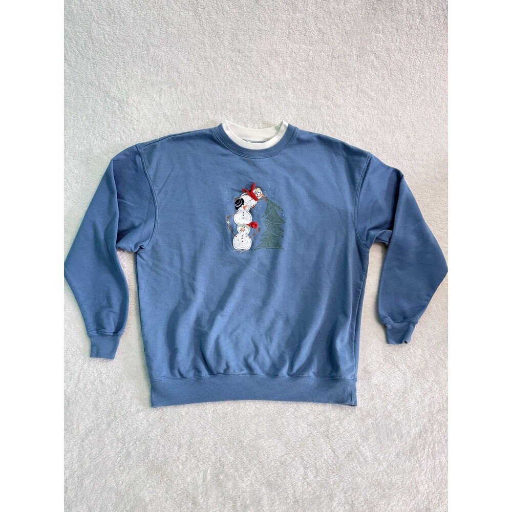 Vintage Christmas Snowman Tree Sweatshirt Embroidered Light Blue Size XL